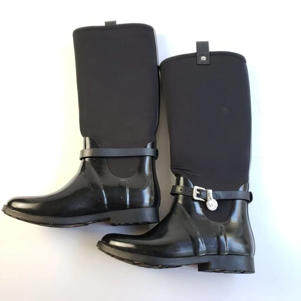 Michael Kors Black Rubber Tall Rain Boots Pull On Logo Charm Detail - Picture 10 of 15